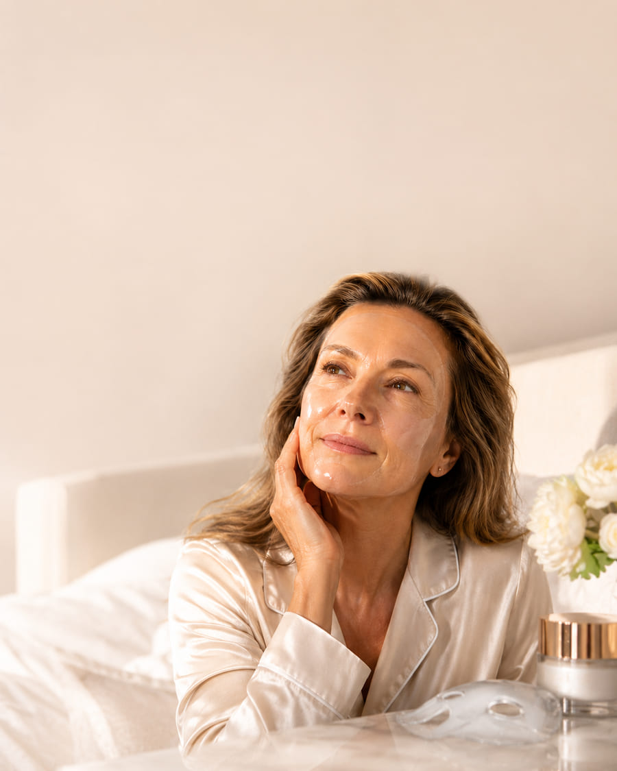 A woman waking up with rested, hydrated skin